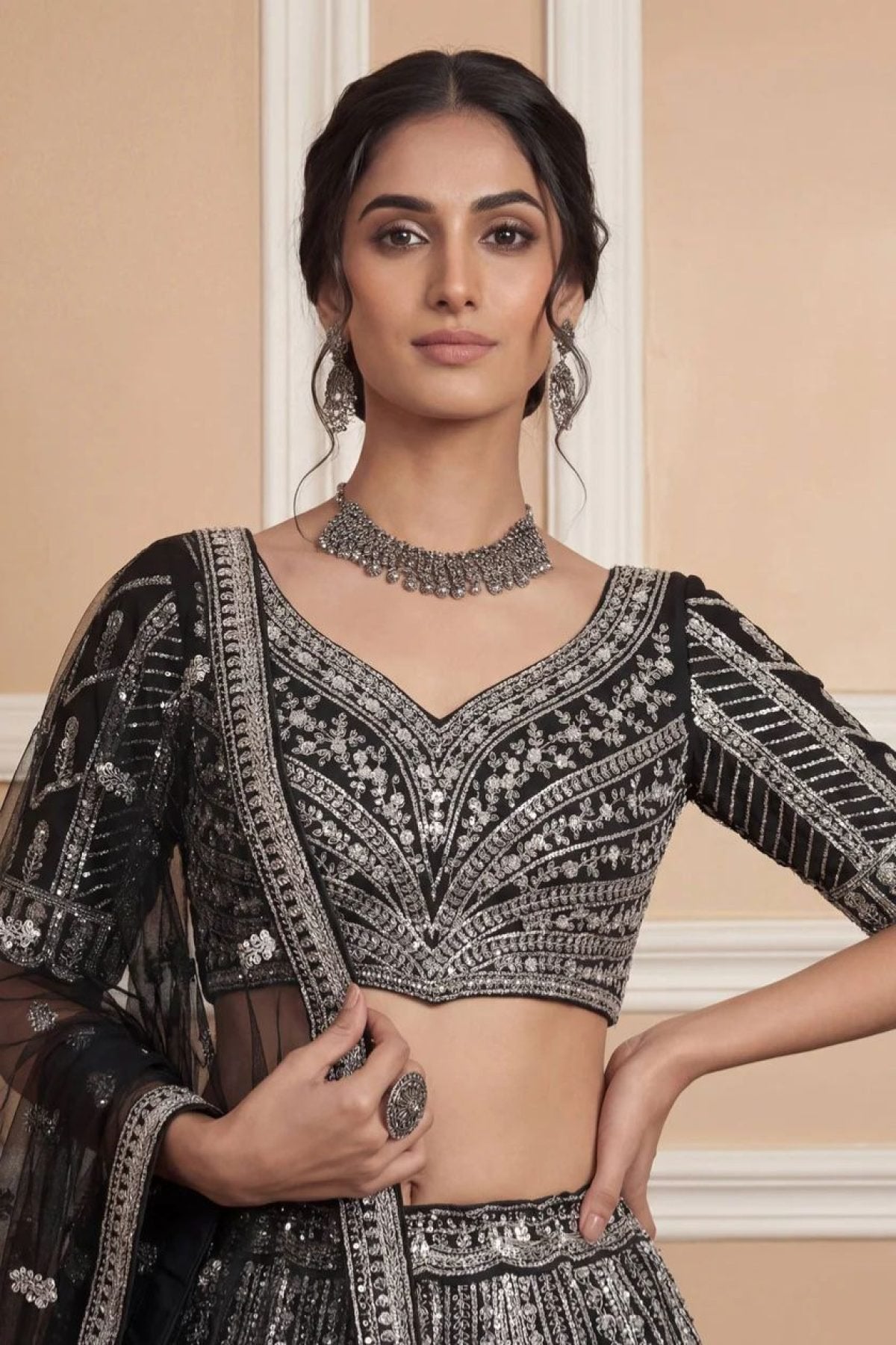 Navy Net Lehenga with Embroidery for Wedding Wear