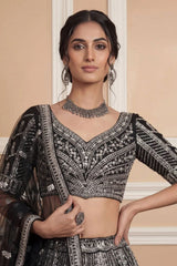 Navy Net Lehenga with Embroidery for Wedding Wear