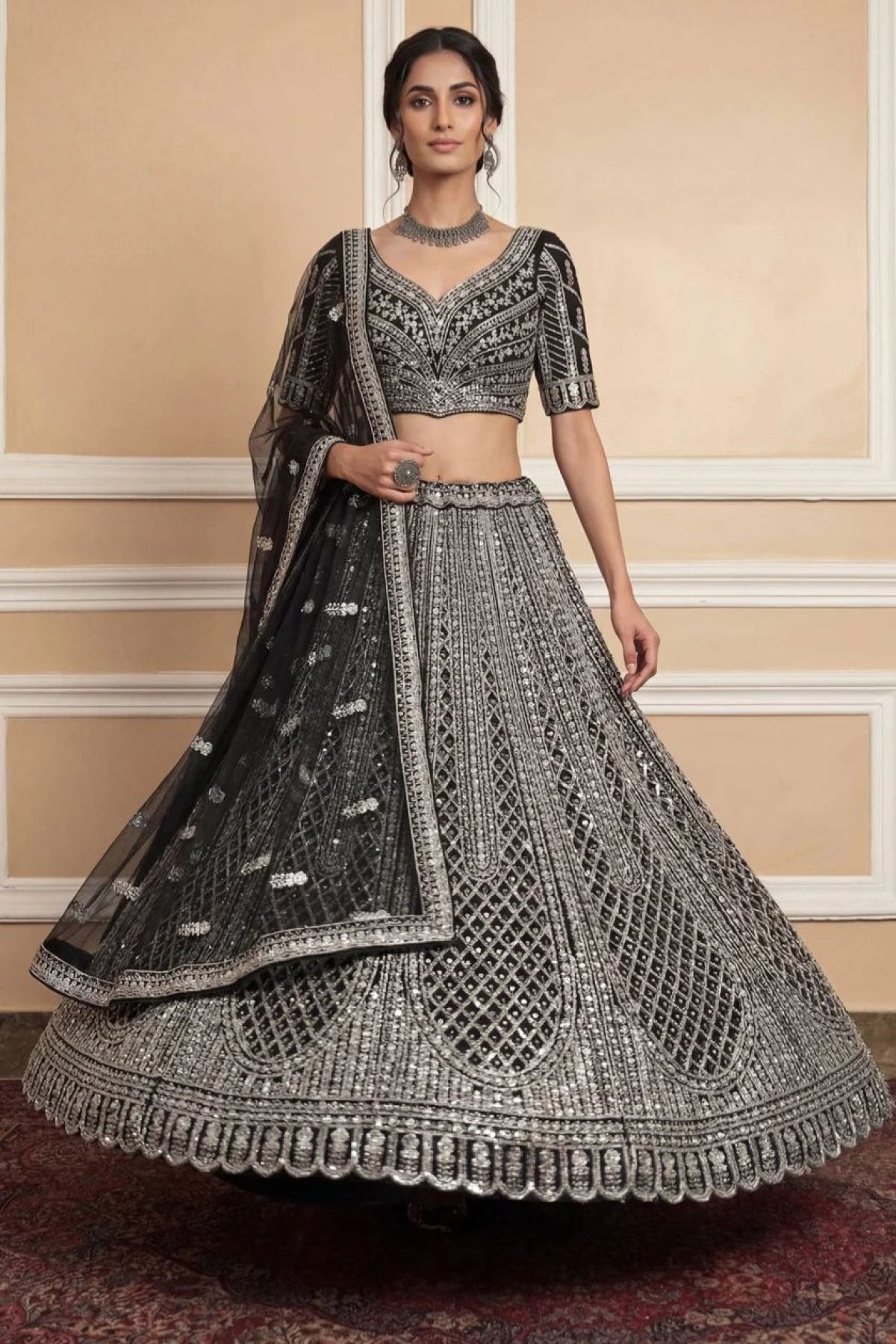 Navy Net Lehenga with Embroidery for Wedding Wear