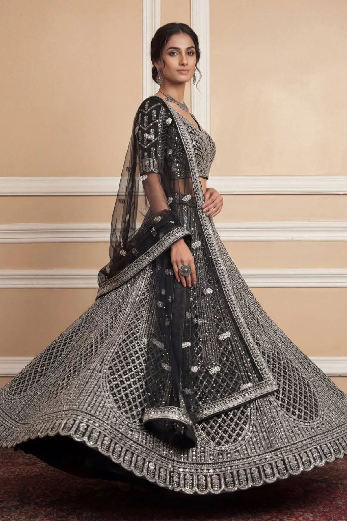Navy Net Lehenga with Embroidery for Wedding Wear