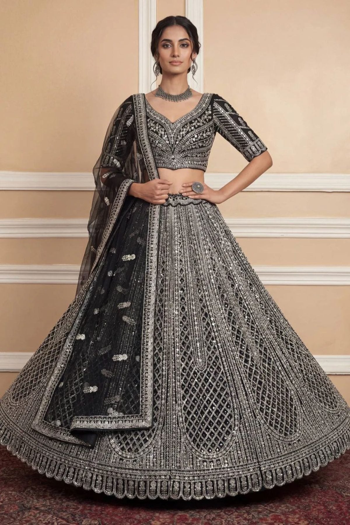 Navy Net Lehenga with Embroidery for Wedding Wear