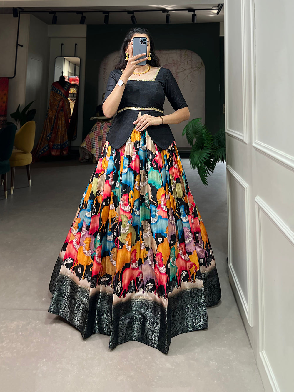 Black Color Digital Print And Zari Weaving Work Dola Silk Lehenga Choli