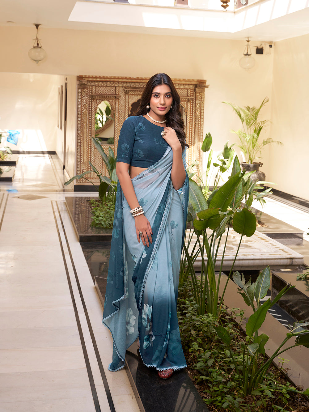 Bottle green floral printed weightless marbal saree with lace border