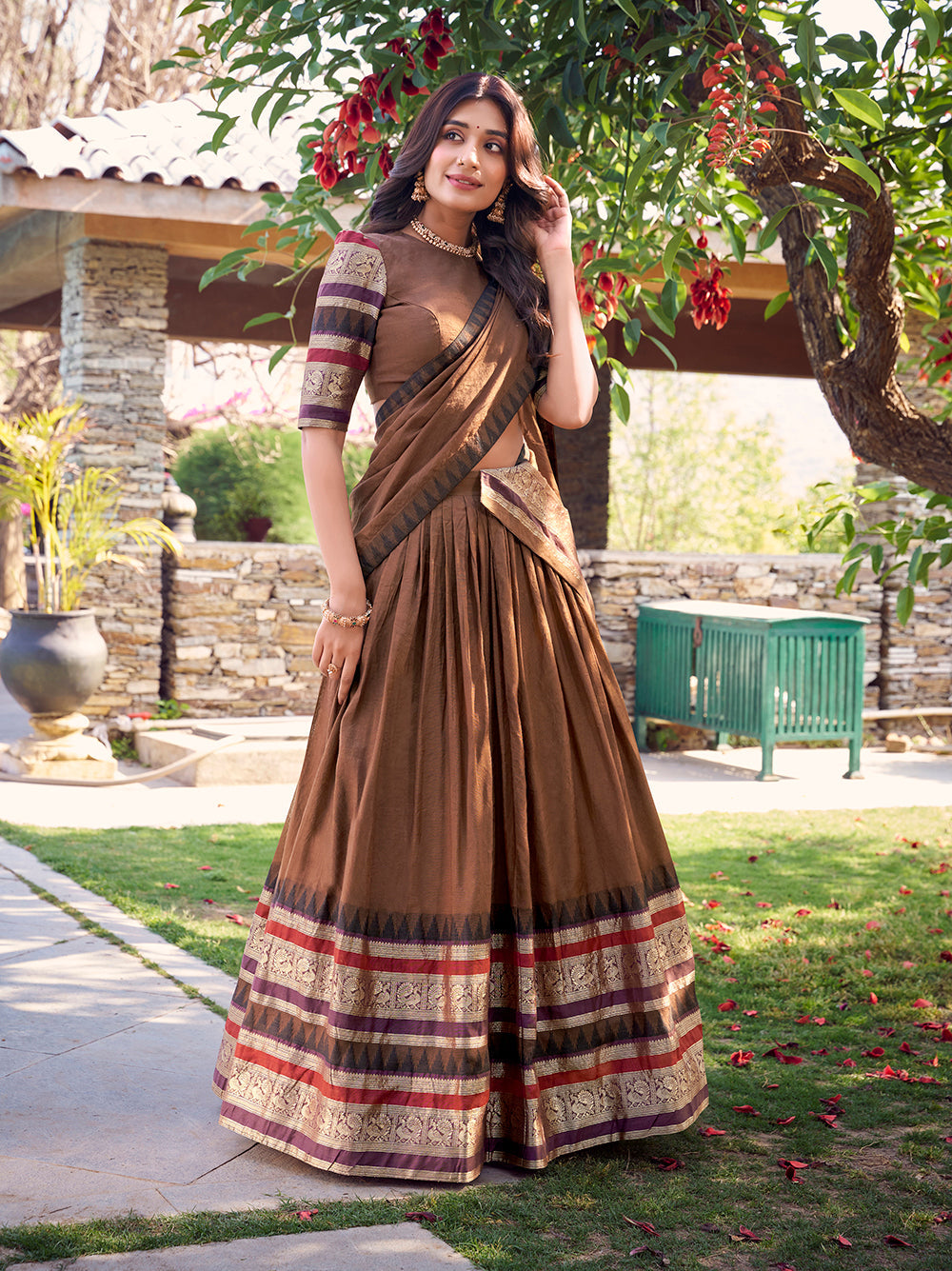 Classic brown chanderi lehenga choli with zari border coordinated dupatta