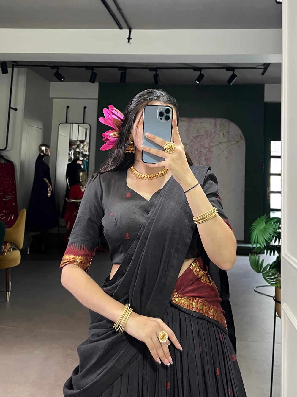 Black chanderi lehenga choli with zari weaving border 4 meter flair