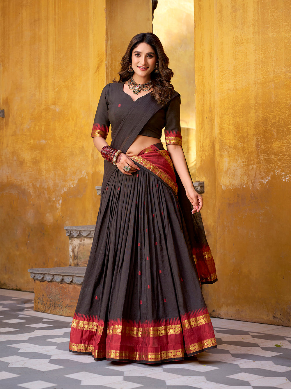 Black color zari weaving work chanderi lehenga choli
