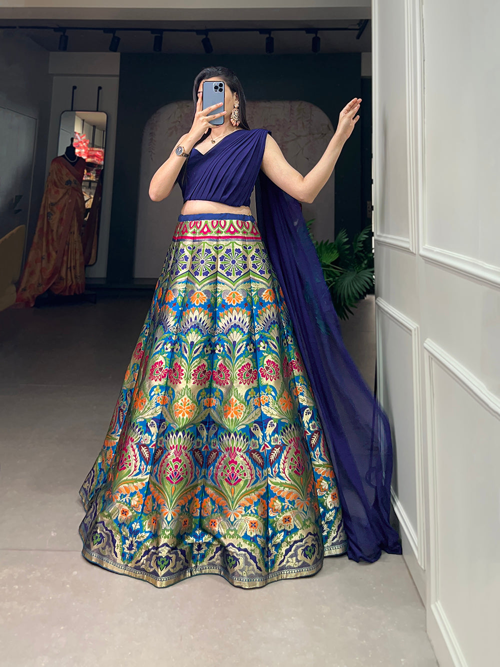 Navy Blue Color Zari Weaving Work Banarasi Silk Lehenga Choli