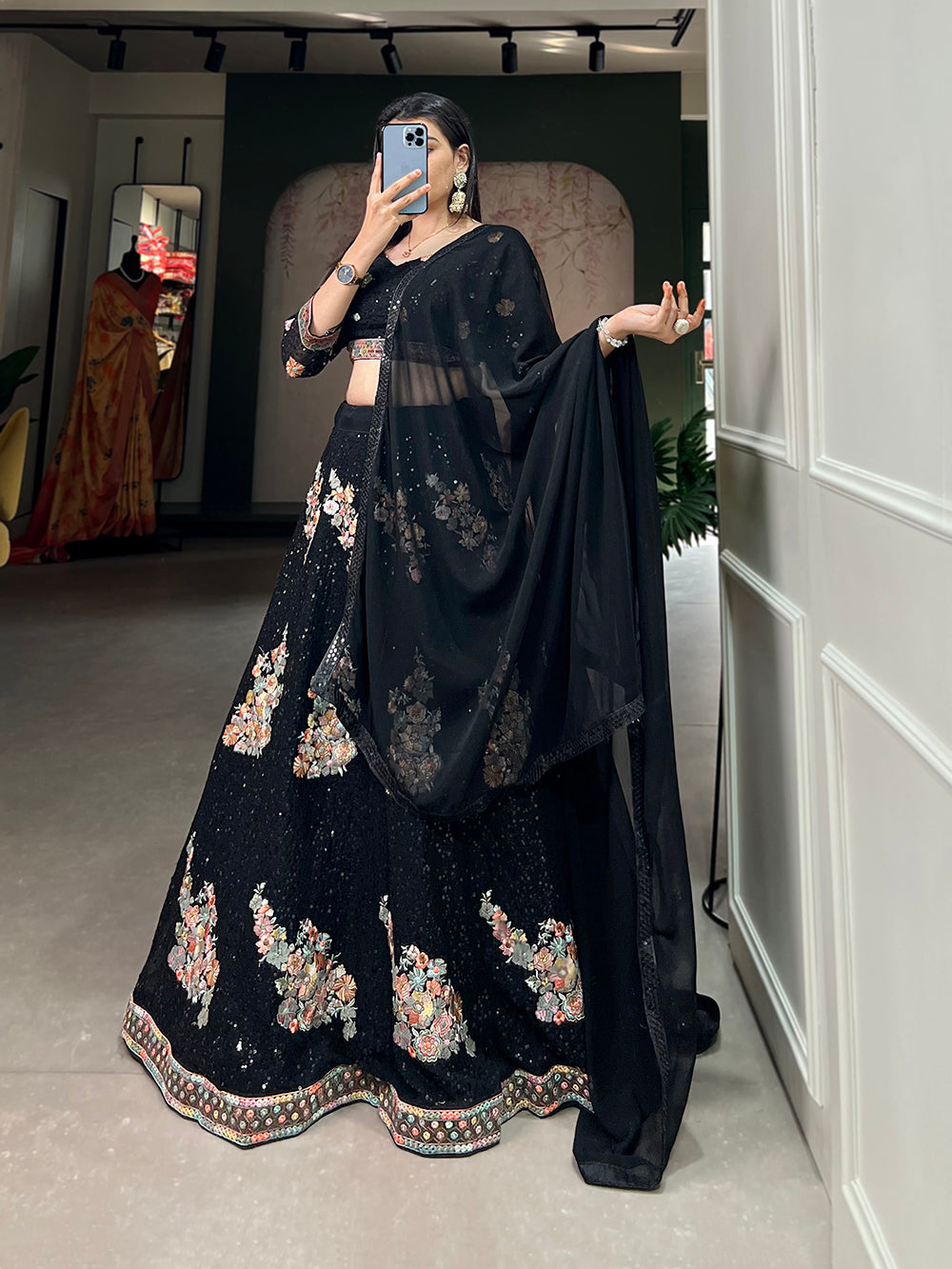 Black Sequined Splendor: Bridal Lehenga Choli Set in Exquisite Embroidery