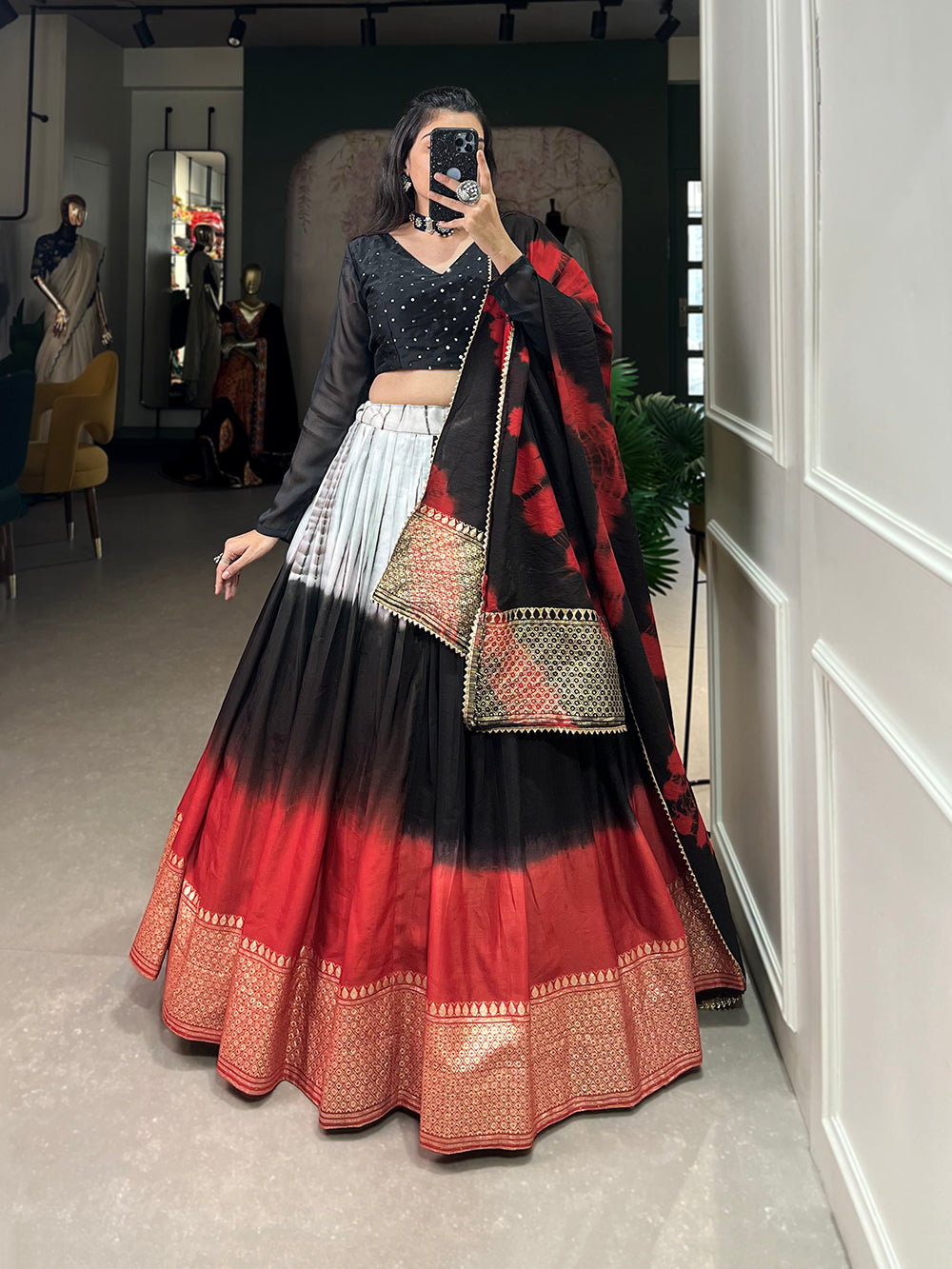 Black Color Shibori Printed With Zari Weaving Work Chanderi Lehenga Choli