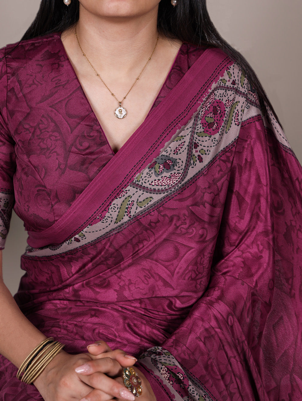 Magenta pink crepe saree with all over print matching blouse