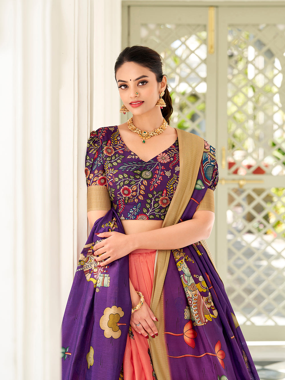 Peach dola silk kalamkari print lehenga with purple dupatta unstitched blouse