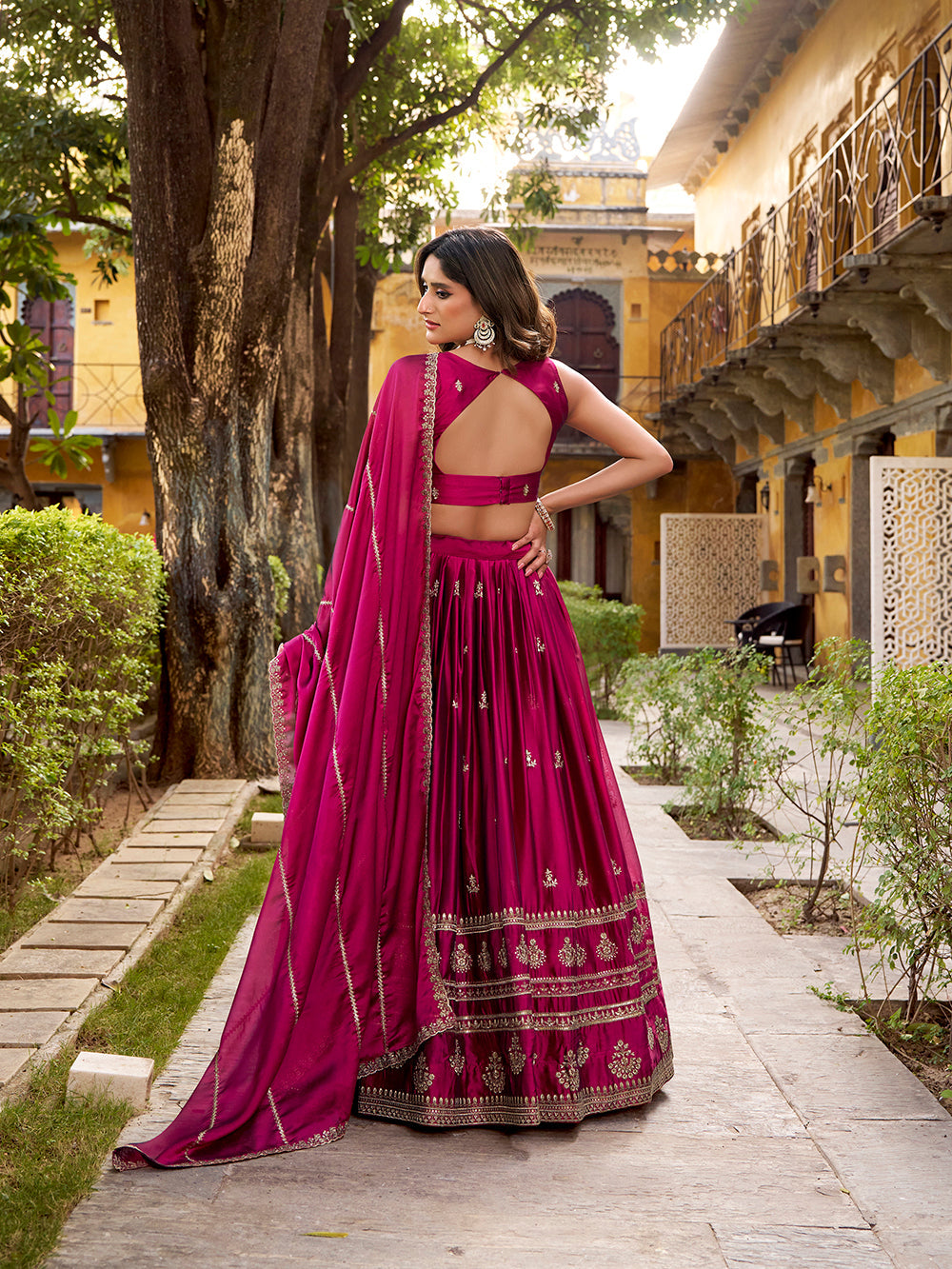 Magenta pink rangoli lehenga choli with sequins thread embroidery dupatta