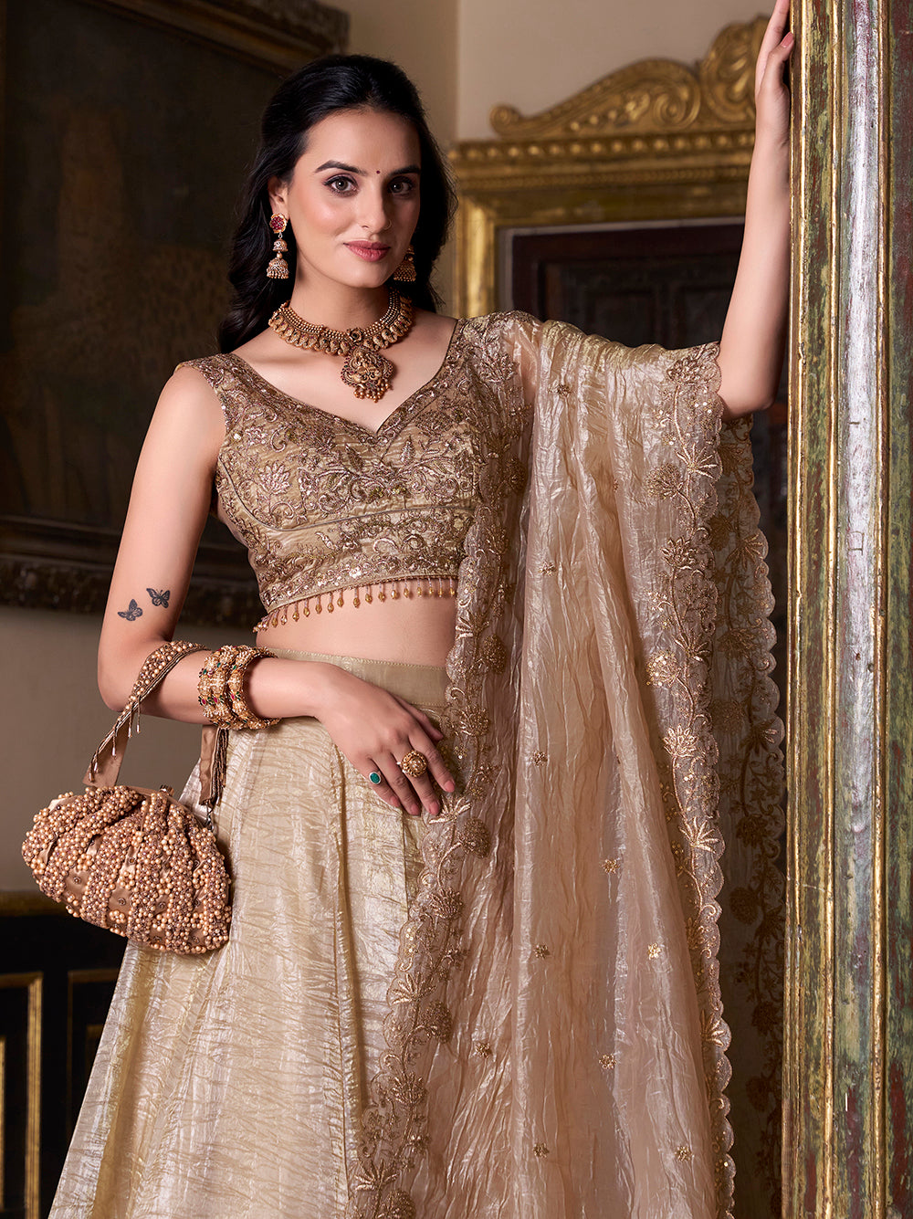 Chiku gold crush lehenga choli with sequins embroidery matching dupatta