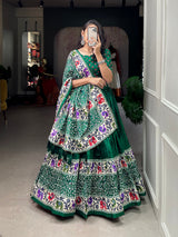 Green Color Bandhej Print With Patola Print Crushed Dola Silk Lehenga Choli