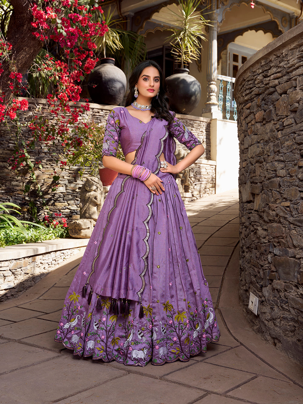 Lavender color sequins and thread embroidery work vichitra shimmer lehenga choli