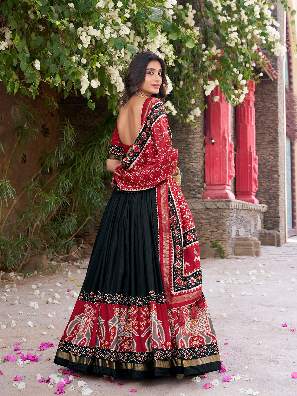 Black color patola printed tasar silk lehenga choli