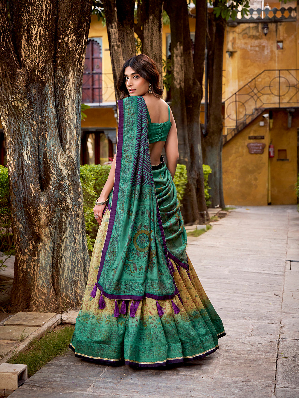Firozi lehenga choli with printed blouse vichitra silk dupatta