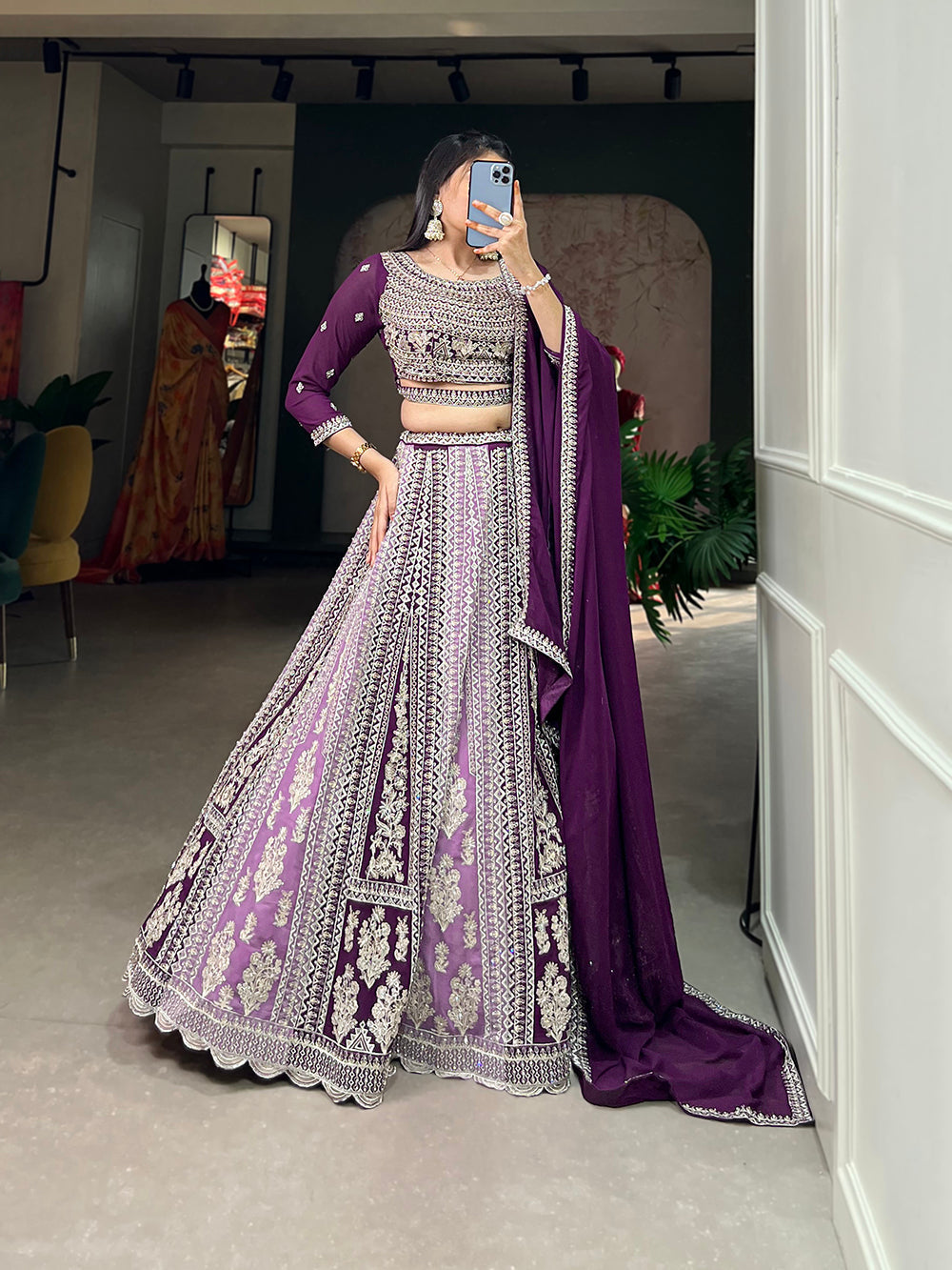 Purple Color Thread Embroidery And Jharkhand Diamond Work Georgette Lehenga Choli