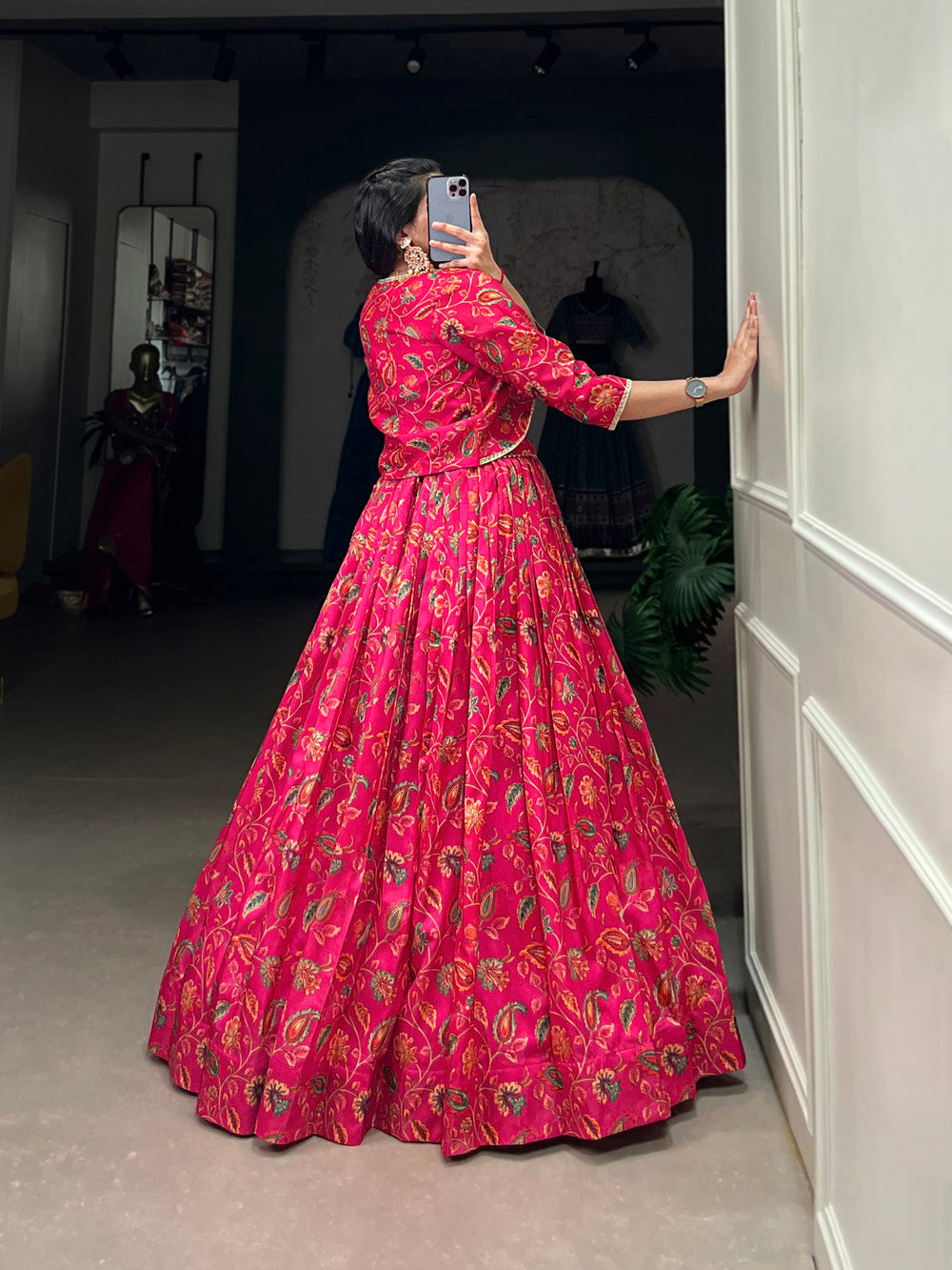 Pink tasar silk floral print lehenga choli with gota patti handworked koti