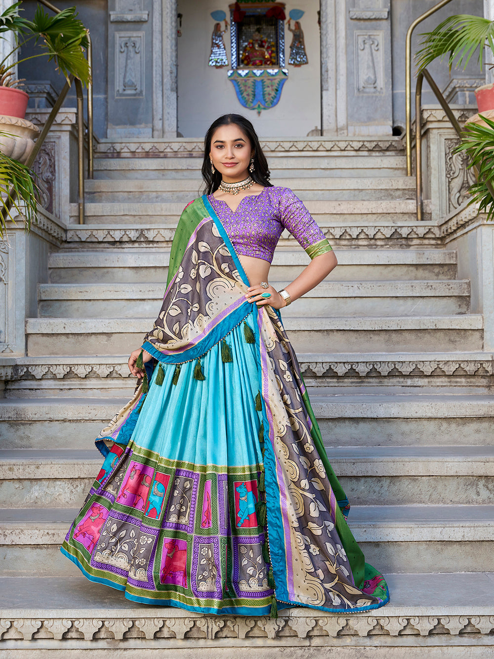 Sea green tasar silk lehenga choli with kalamkari print foil work