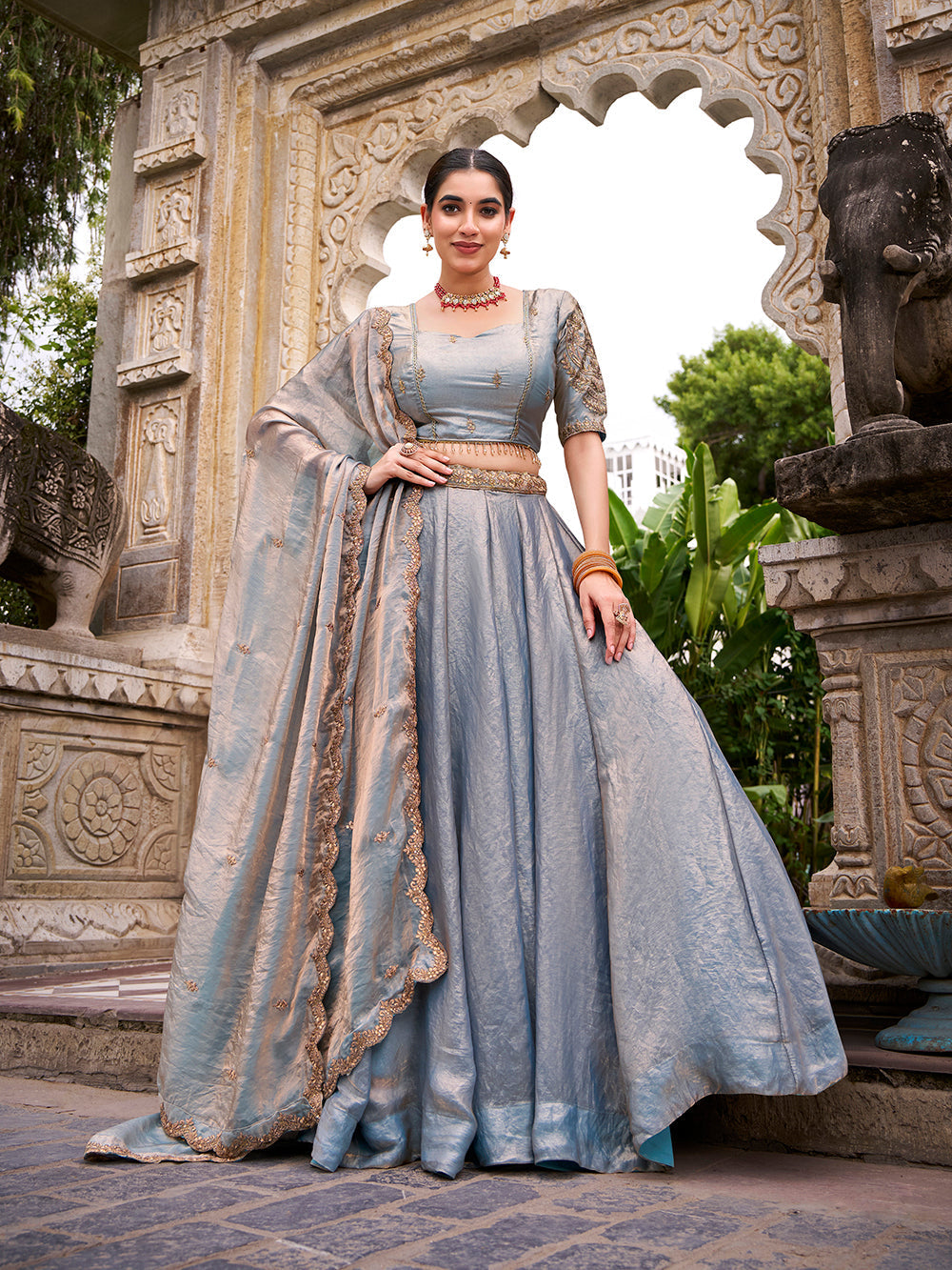 Sky blue fendi fabric sequins thread embroidered lehenga choli with dupatta
