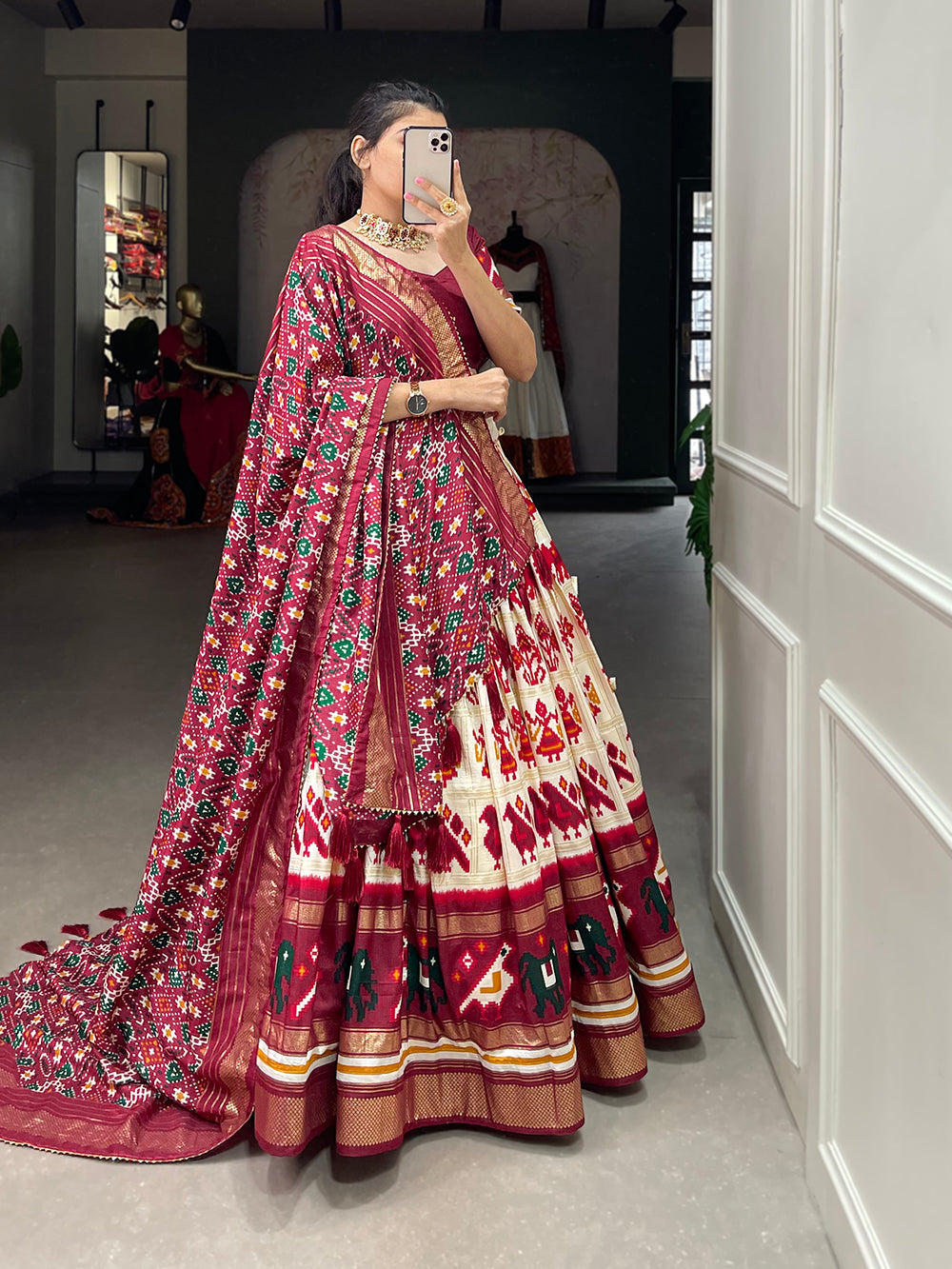 Off White Color Patola Printed With Foil Work Tussar Silk Lehenga Choli