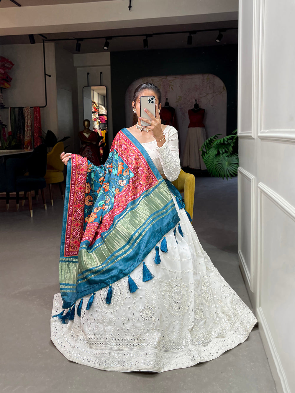 White Color Lucknowi Paper Mirror Work Georgette lehenga Choli