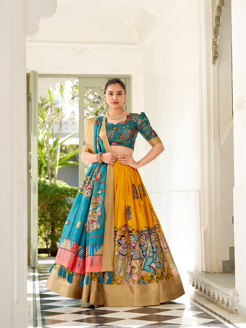 Yellow color kalamkari print with weaving border dola silk lehenga choli