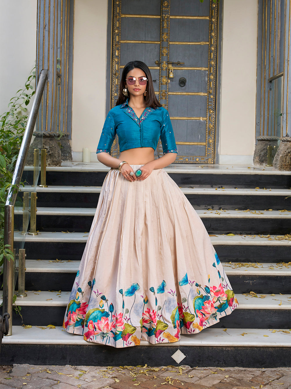 Off white tasar silk floral print lehenga choli stitched elegance
