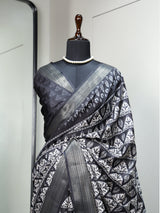Black Color Printed With Zari Border Dola Silk Saree