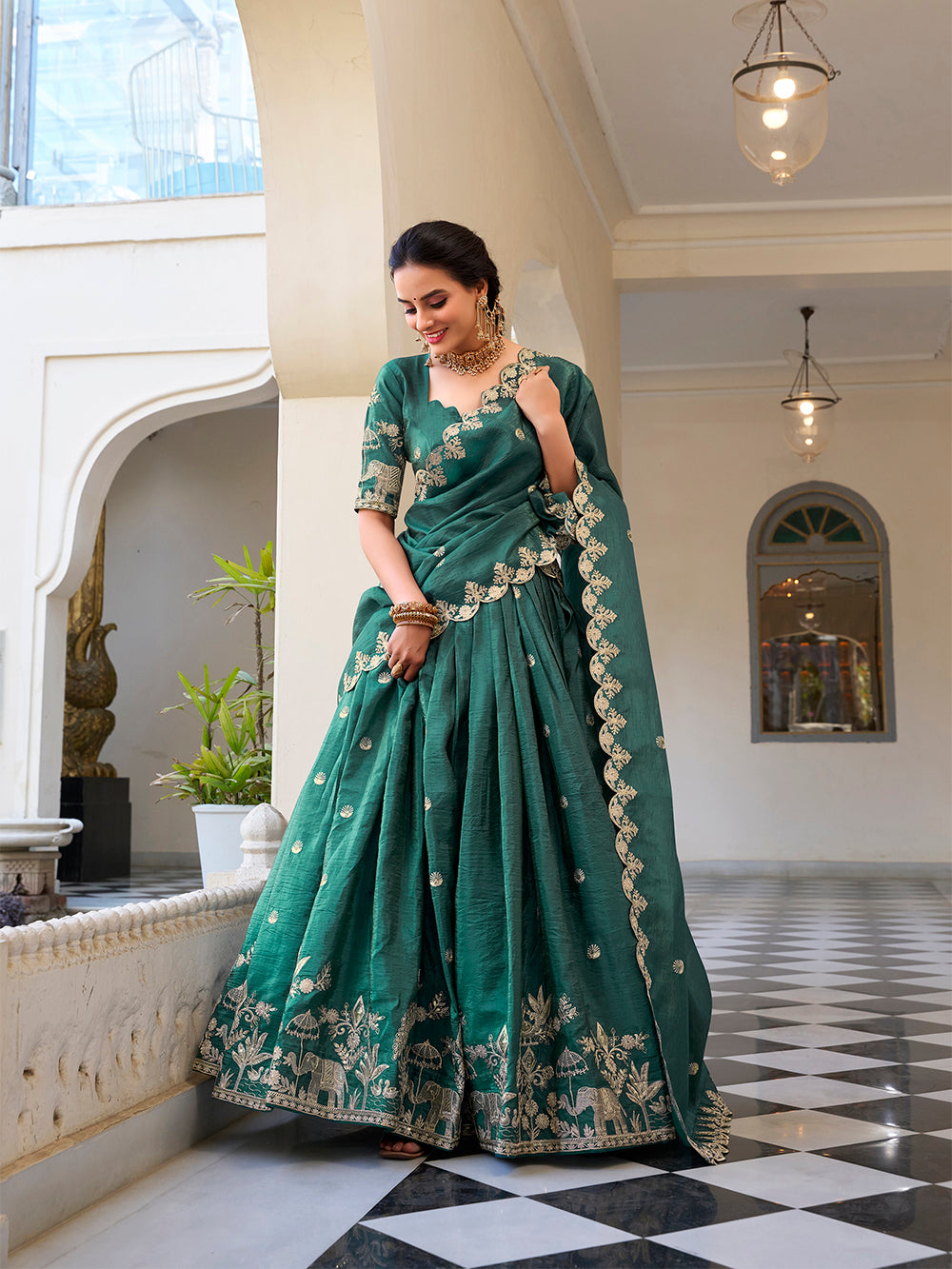 Teal gold crush lehenga choli with sequins embroidery scalloped lace dupatta