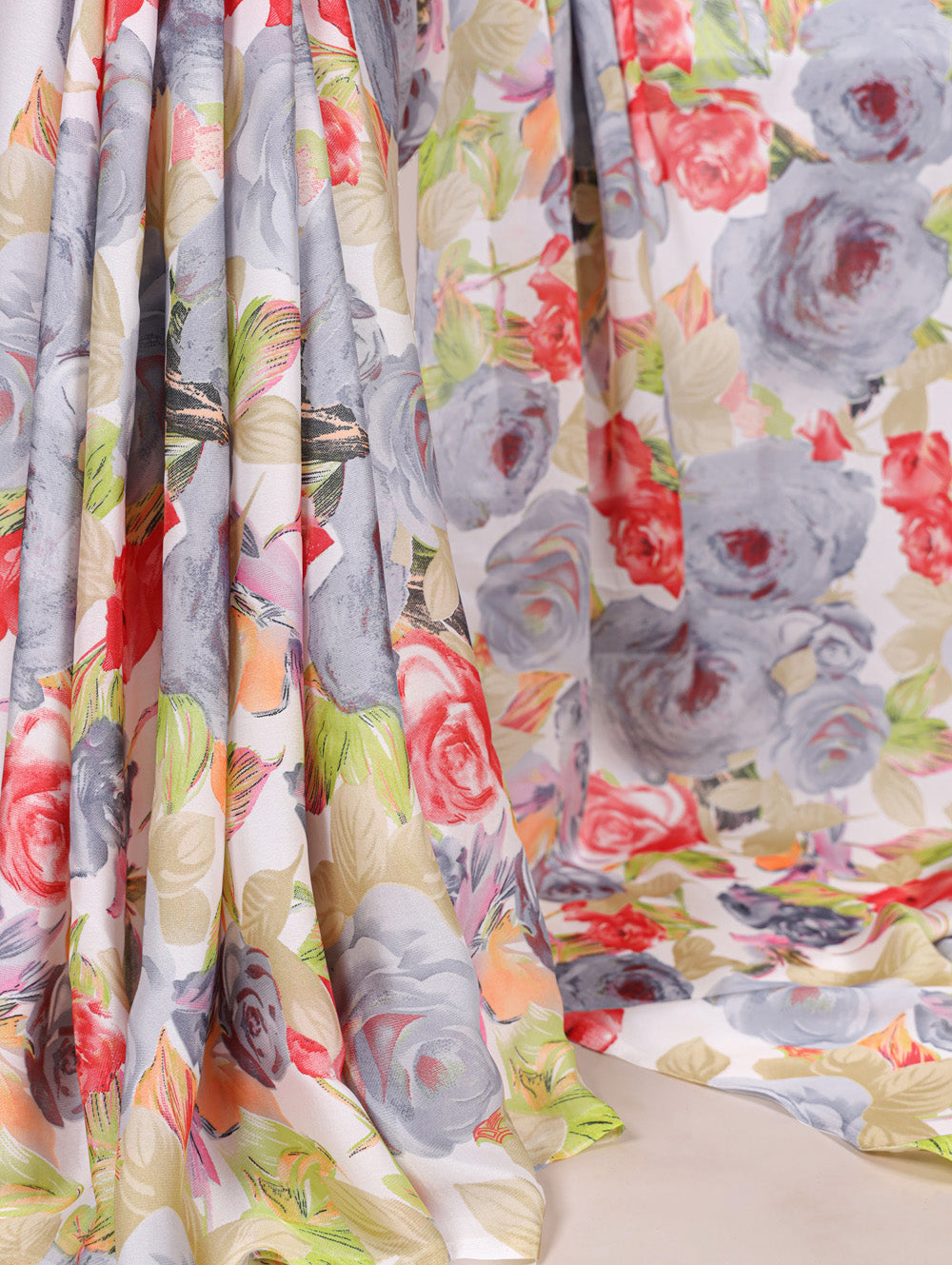 Grey dull satin floral printed saree with matching blouse