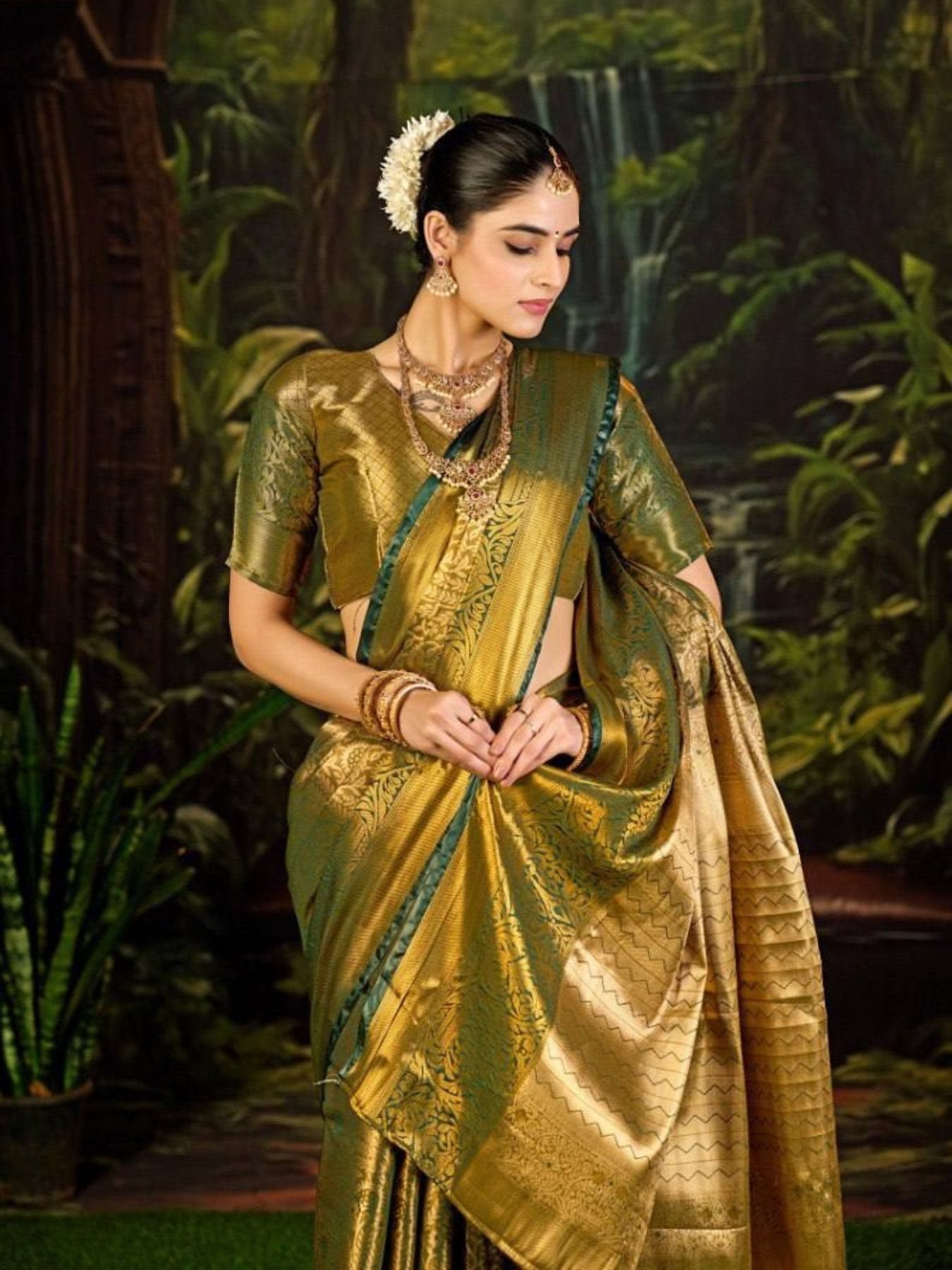 Green Bottle Kanjivaram Semi Silk Saree with Floral Khaddi Border
