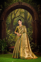 Green Bottle Kanjivaram Semi Silk Saree with Floral Khaddi Border