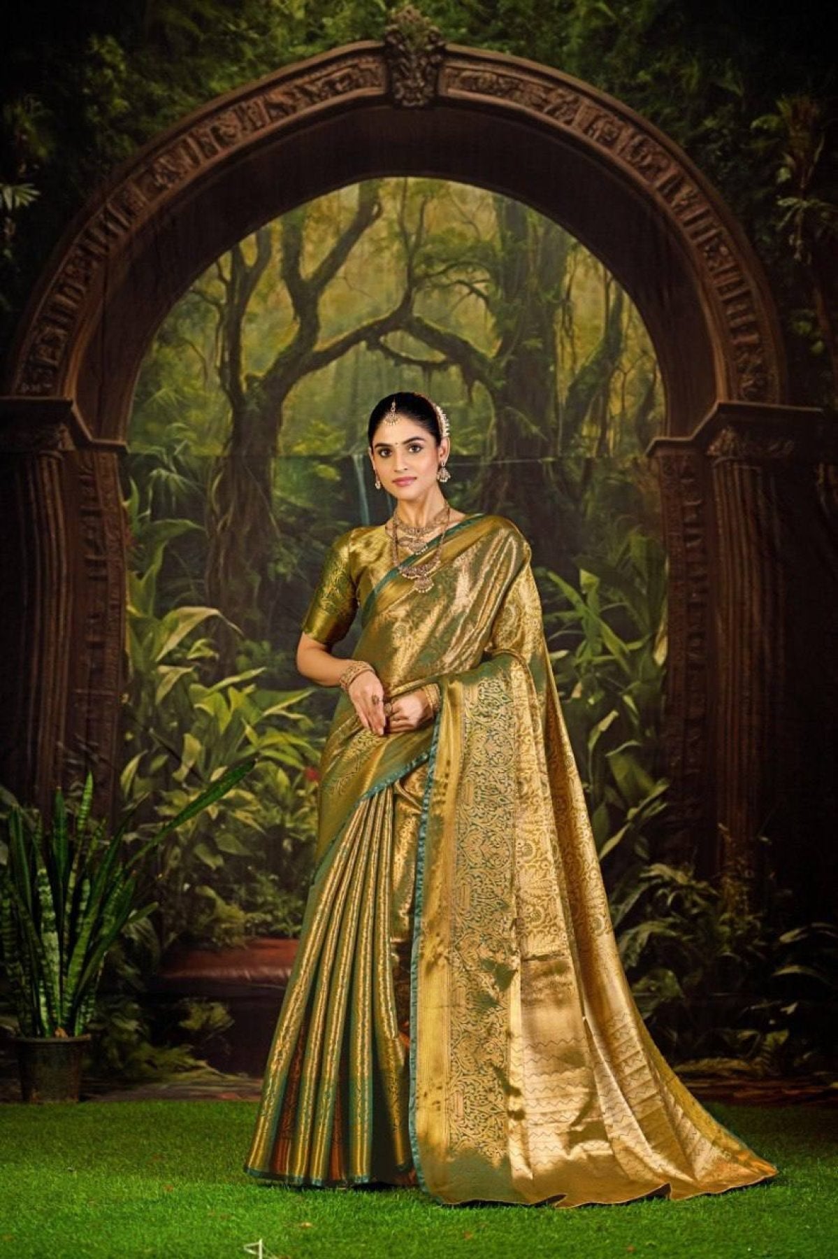 Green Bottle Kanjivaram Semi Silk Saree with Floral Khaddi Border