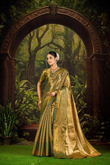 Green Bottle Kanjivaram Semi Silk Saree with Floral Khaddi Border