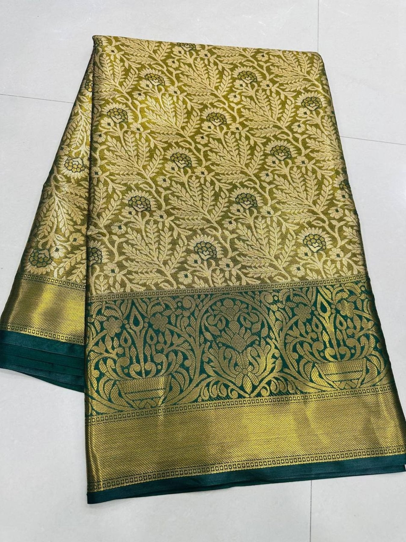 Green Bottle Kanjivaram Semi Silk Saree with Floral Khaddi Border