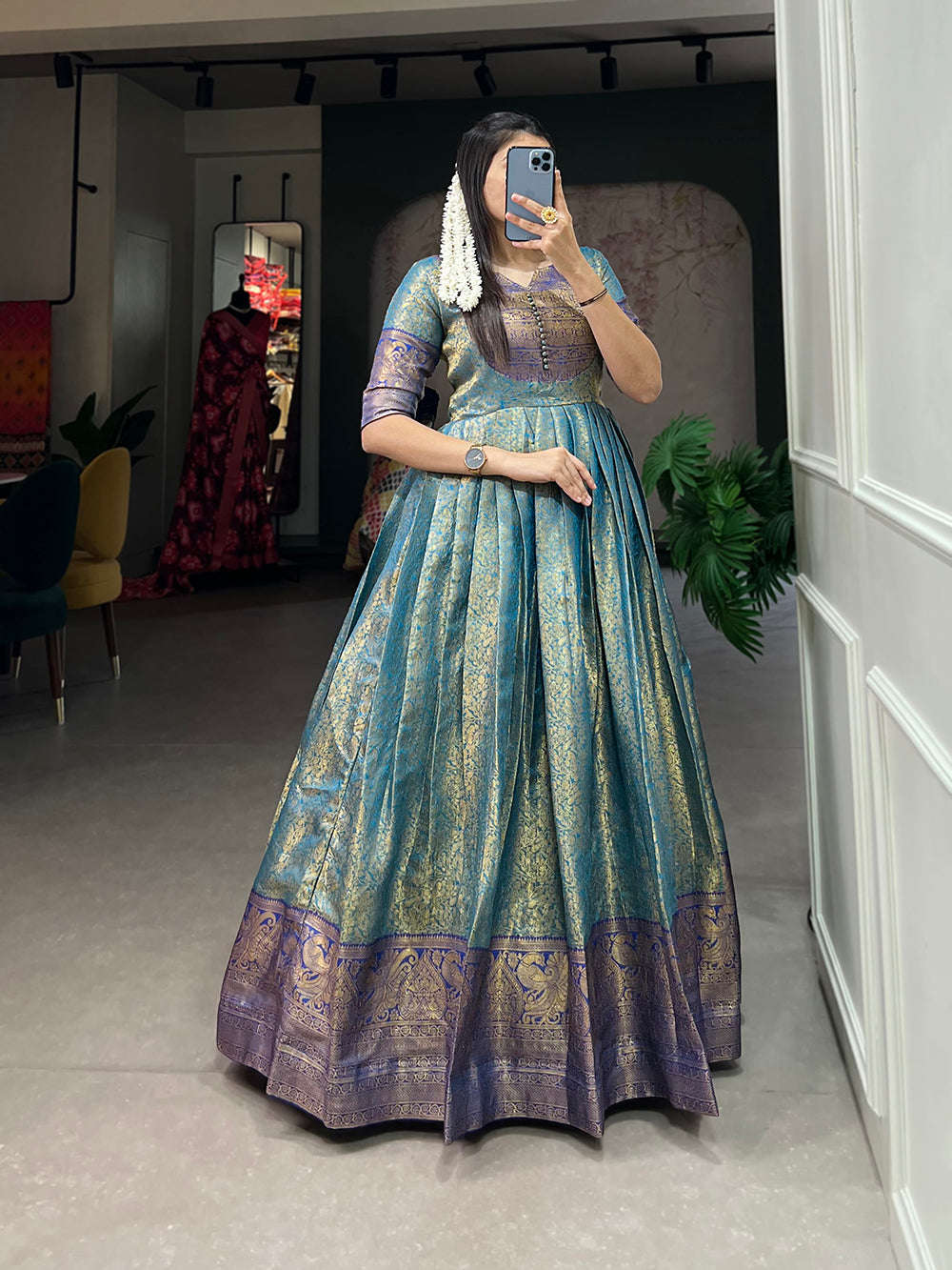 Firozi Color Zari Weaving Work Kanjivaram Wedding Wear Dress