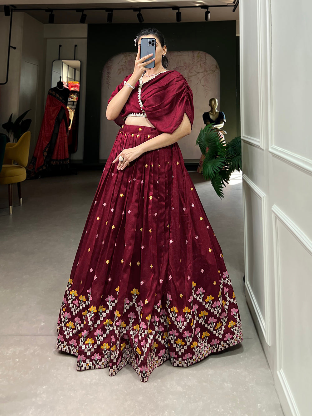 Maroon Color Thread Embroidery Work Vichitra Silk Lehenga Choli