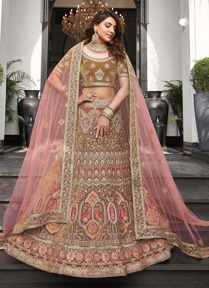 Wedding Wear Olive Green Color Velvet Base Heavy Work Lehenga Choli