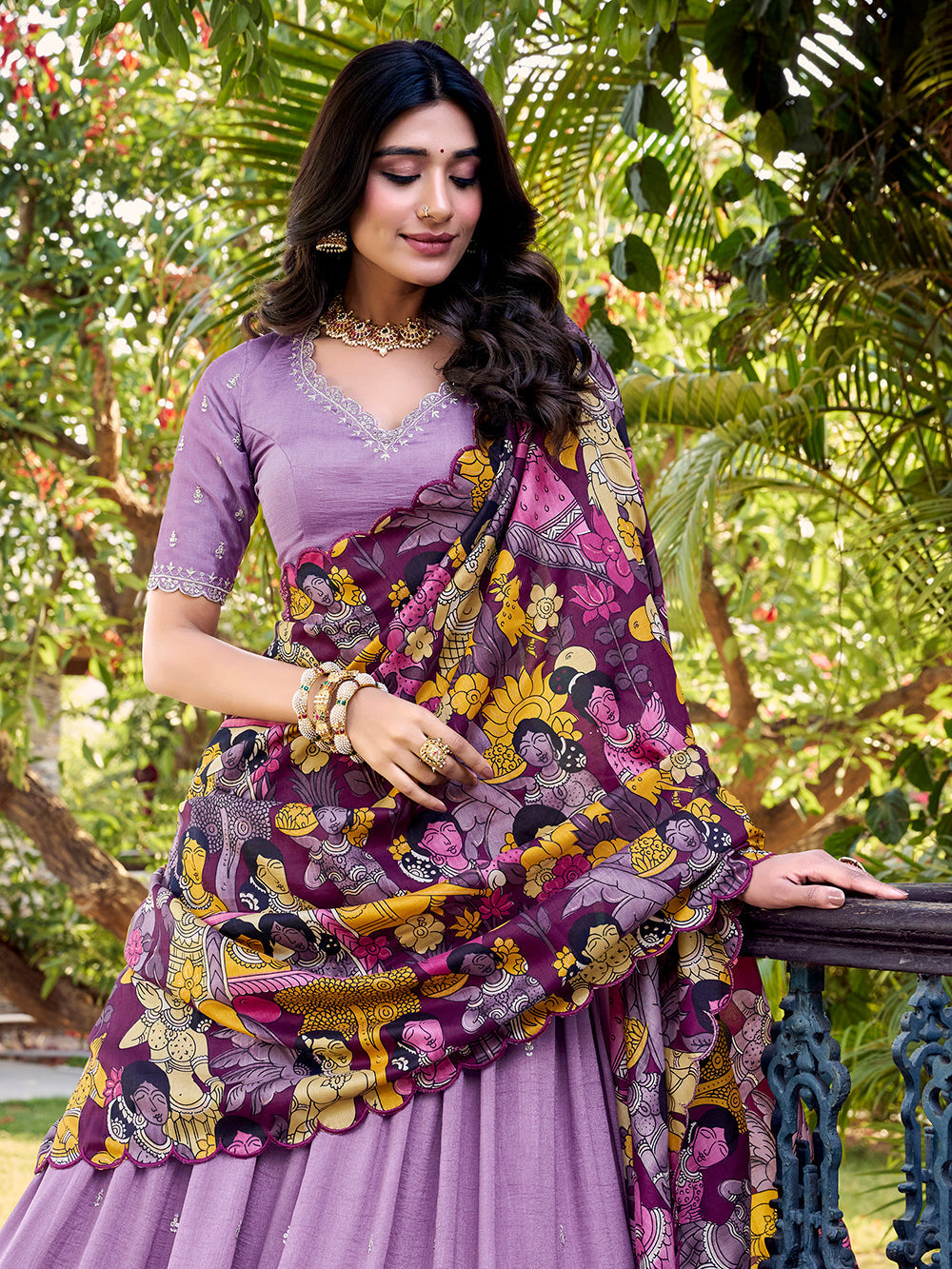 Lavender vichitra silk lehenga choli with kalamkari scallop border tussar silk dupatta