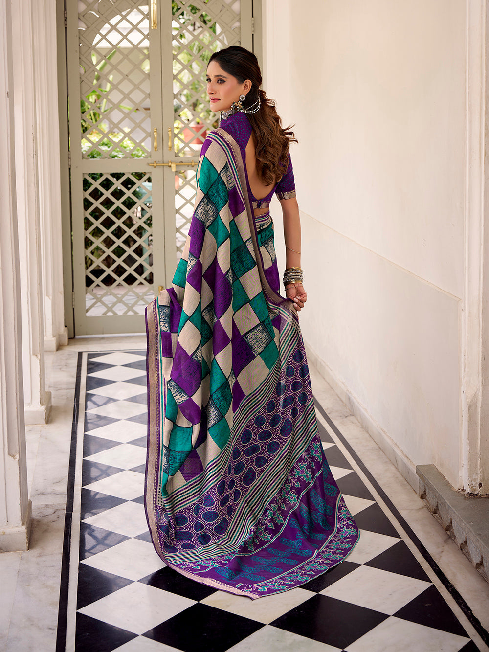 Purple viscose chanderi check print saree with temple lace border blouse piece