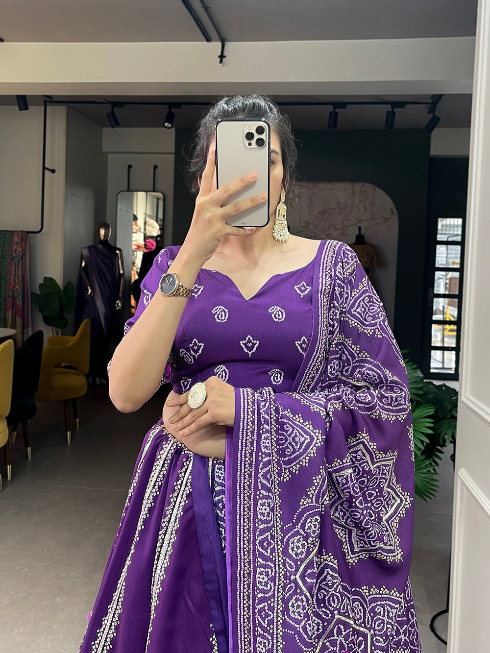 Purple Color Bandhej  Printed With Gota Patti Vaishali Silk Lehenga Choli
