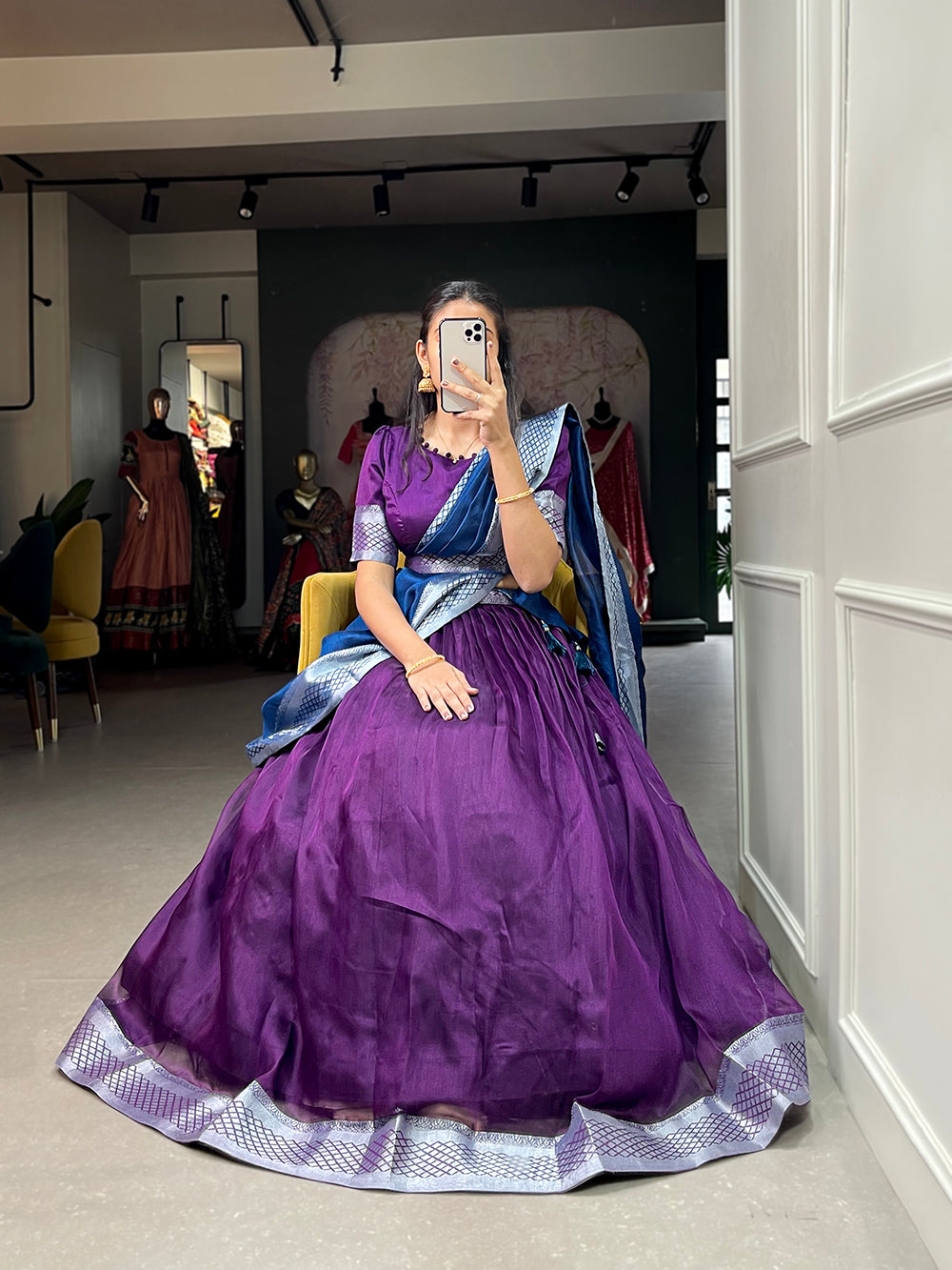 Purple Color Plain And Silver Viscose Chanderi Dupion Silk Semi Stich Half Saree Lehenga Choli