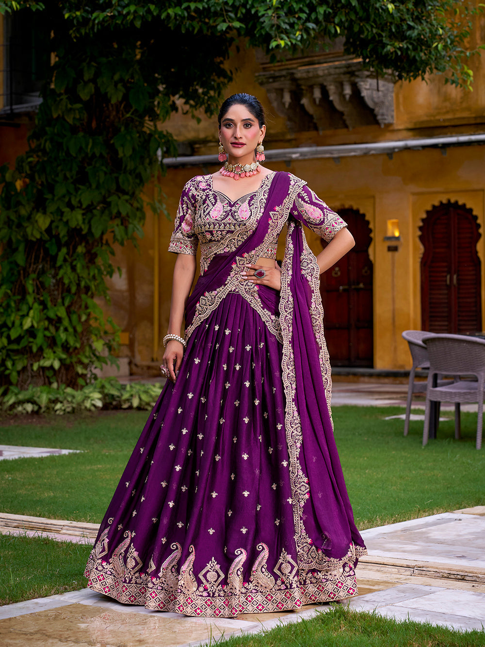 Purple rangoli crush wedding lehenga choli with sequins thread embroidery