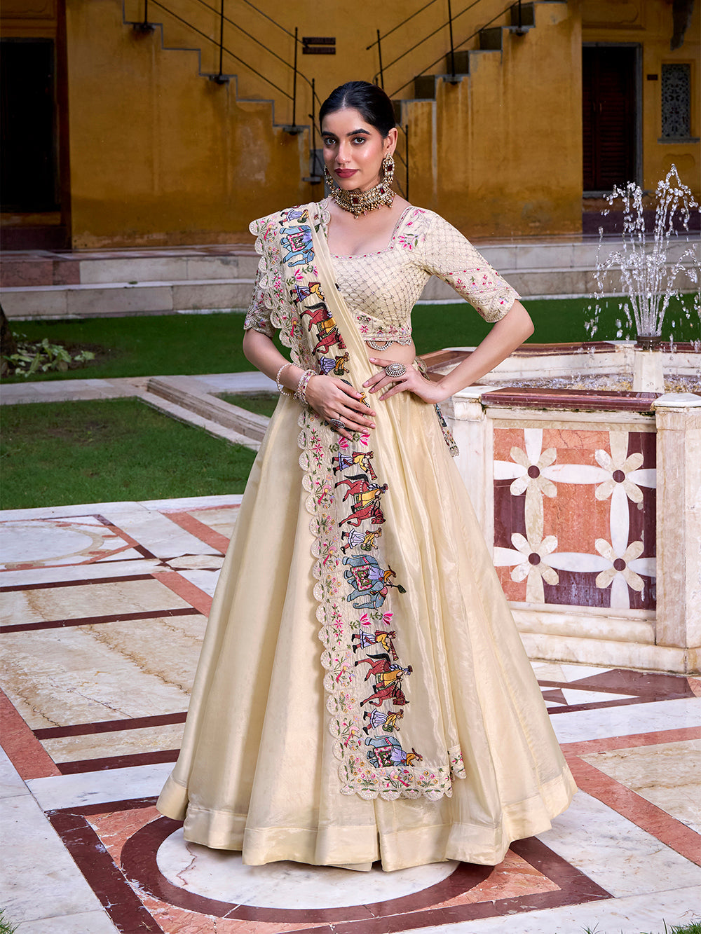 Cream raspberry lehenga choli with sequins thread embroidery 1m blouse material