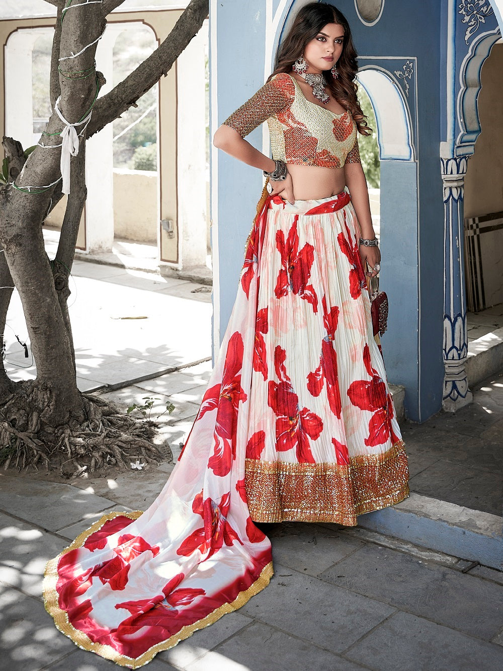 Red Color Digital Print With Sequins Embroidery Work Crushed Chinon Lehenga Choli