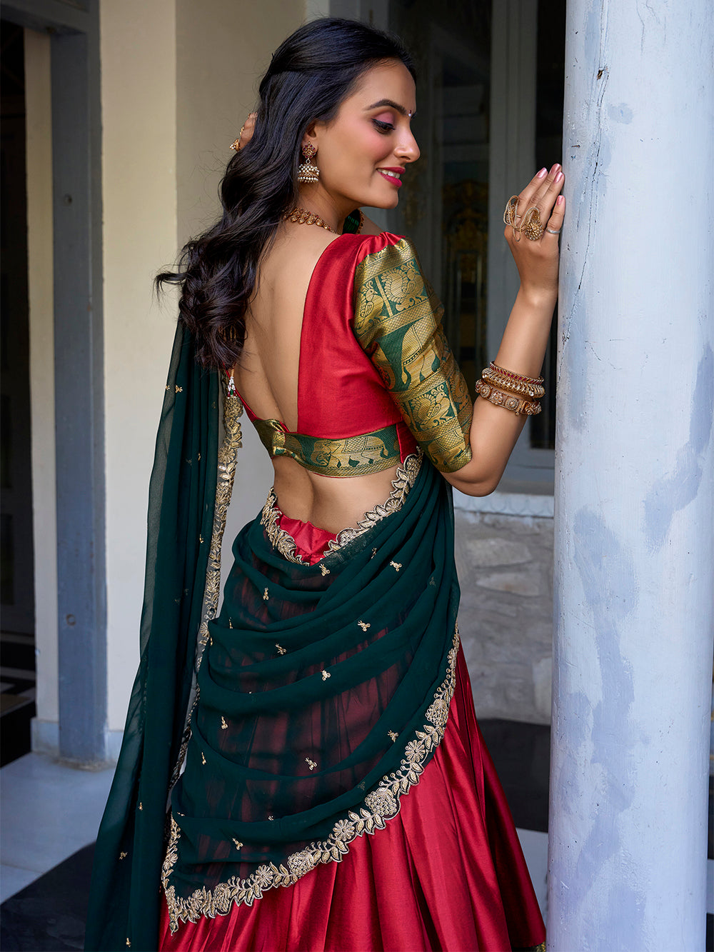 Bridal red narayan pattu lehenga choli with zari weaving embroidered georgette dupatta