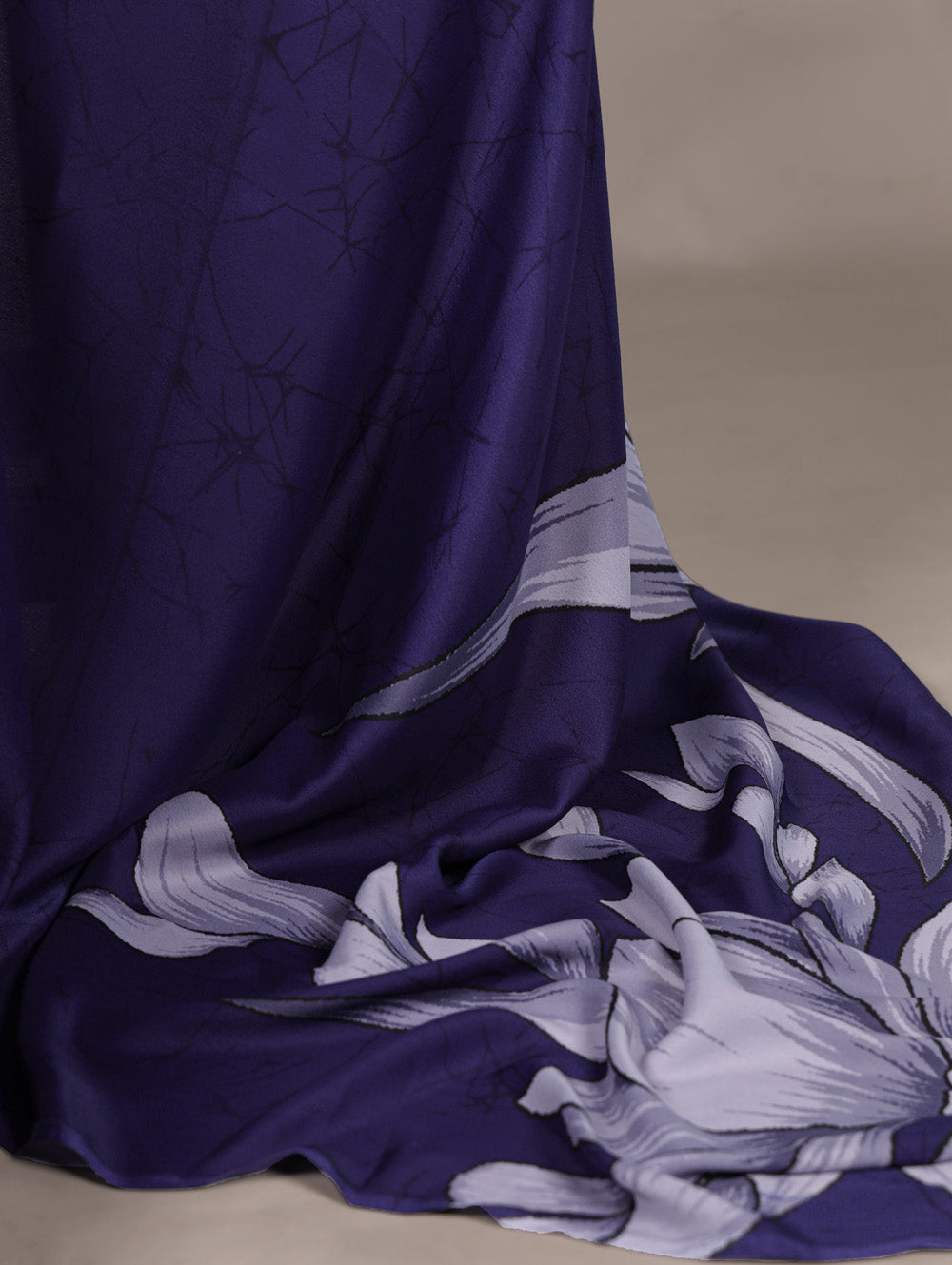 Navy blue satin silk saree with floral print light blue blouse