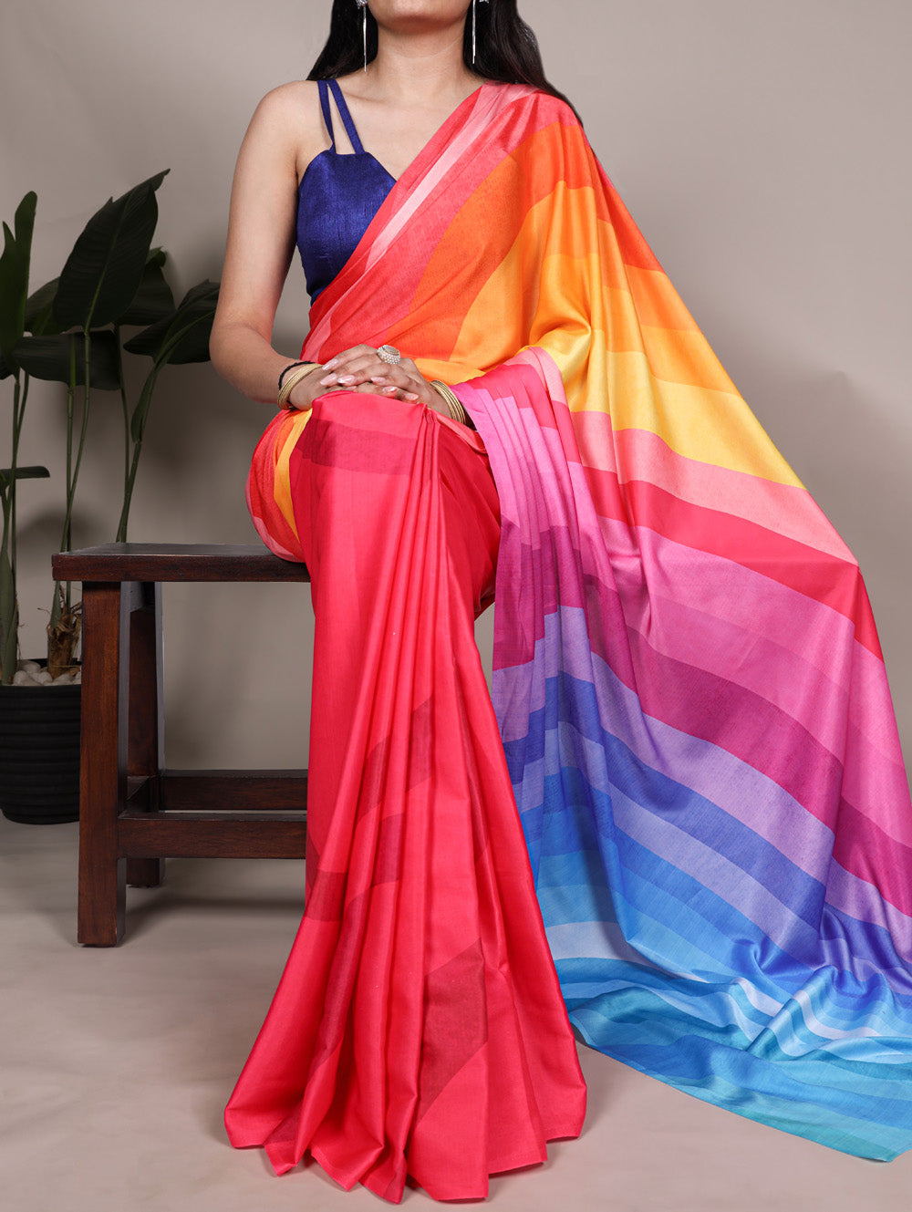 Multi color printed satin silk saree